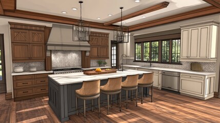 kitchen with an island that includes a built-in cooktop and seating.