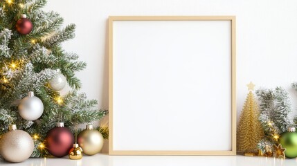 Golden Glow Christmas Mockup: A festive scene with a blank frame amidst twinkling lights and shimmering ornaments on a Christmas tree, perfect for showcasing your holiday designs. 