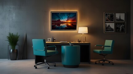 A desk with two chairs and a picture frame decoration on the wall unique creative unique engaging. generative.ai
