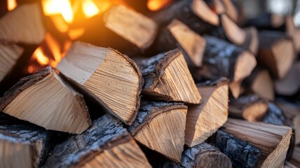 A pile of wood logs with a fire burning in the background