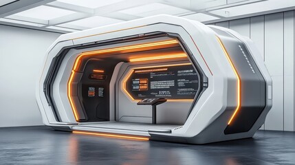 Futuristic Interior Design with Orange Lighting and Display Screens