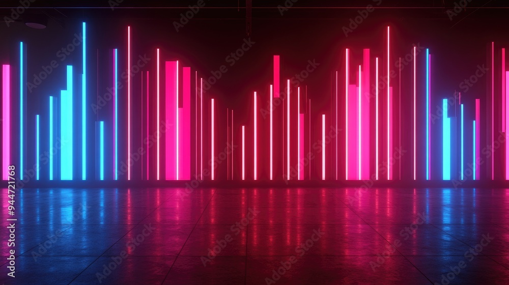 Poster 3d rendered abstract geometric background featuring glowing vertical lines in a dark setting neon eq
