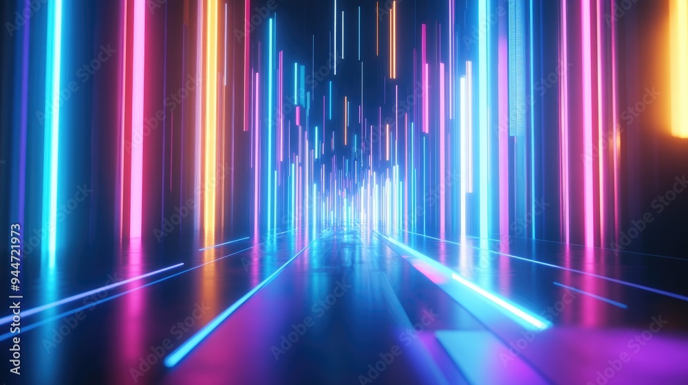 Poster 3d rendering of an abstract blue spectrum background featuring vibrant neon rays and colorful lumino