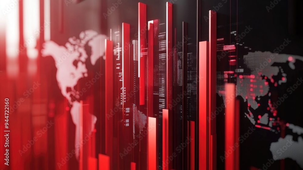 Poster 3d rendering of elegant columns representing graph data integrating a world map into an analytical t