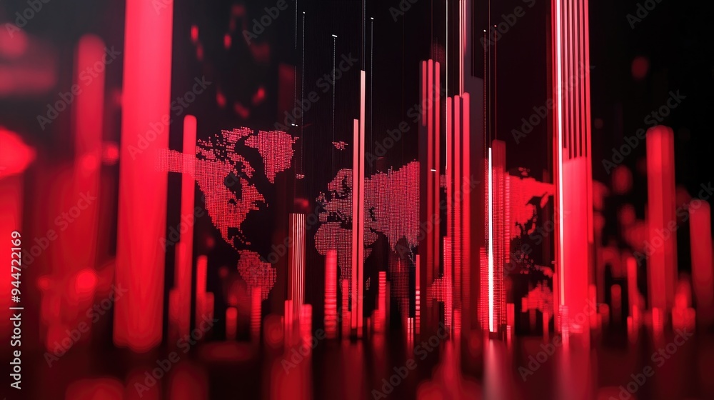 Poster 3d rendering of elegant columns representing graph data integrating a world map into an analytical t
