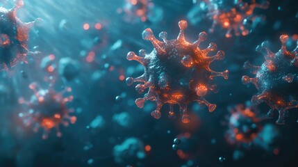 3D rendering of virus cells featuring an abstract representation of germs related to the coronavirus and omicron variant