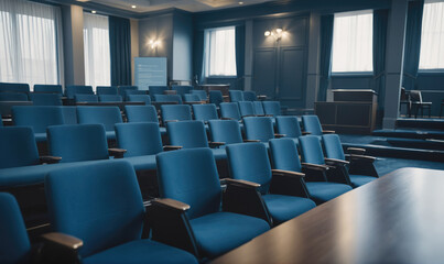 Empty blue chairs sit in a lecture hall, ready for the next event