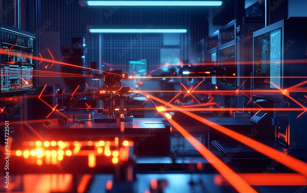 Poster Quantum Experiment with Laser Beams Creating Glowing Patterns in Scientific Lab