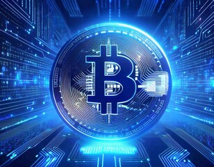 Glowing Bitcoin symbol sits on a circuit board
