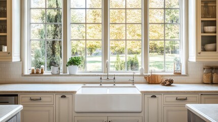 kitchen with a large window above the sink.