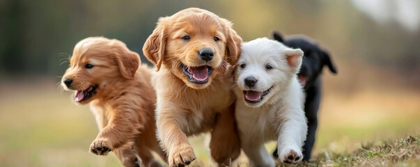 Three adorable puppies joyfully running together in a sunny outdoor setting, capturing the essence of playfulness and companionship.