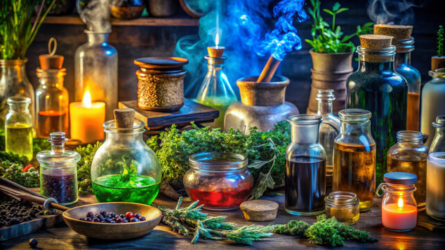 Magical Potion Bottles With Herbs And Candles On Rustic Tabletop