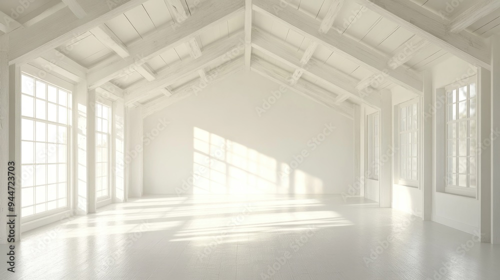 Poster abstract empty interior scene featuring a white room with beams and gentle lighting created using di