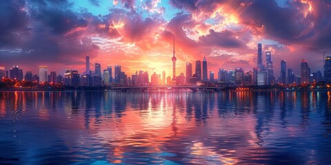 Fototapeta premium Cityscape at Sunset with a Dramatic Sky