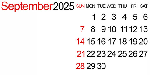 Obraz premium September 2025, a basic horizontal calendar with blank space for text or image.