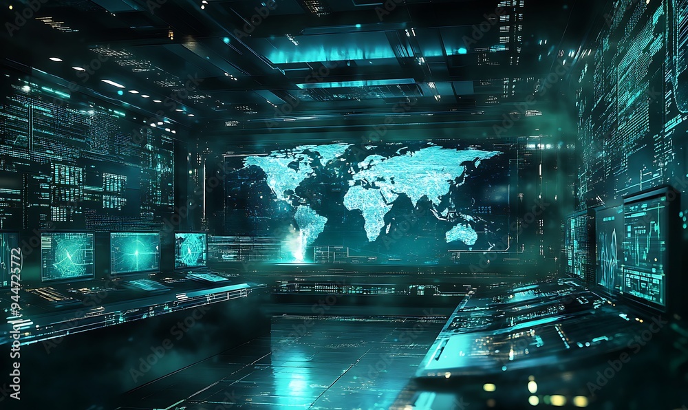 Poster Futuristic Control Room with Holographic Displays of Global Networks, Highlighting Advanced Technology