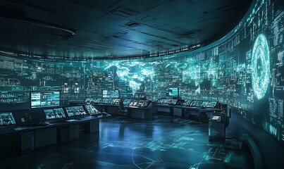 Futuristic Control Room with Holographic Displays of Global Networks, Highlighting Advanced Technology