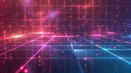Fototapeta premium Abstract futuristic background with neon grid and glowing particles.