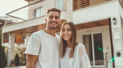 Happy young couple in front of new house, real estate concept.