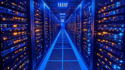 High-Tech Data Center with Glowing Cables and Server Rows, Representing Global Telecommunication Backbone