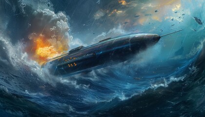 Fototapeta premium Underwater scene where a satellite is launched stealthily like a torpedo 🌊🚀. Captures dynamic motion and futuristic innovation beneath the waves.