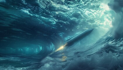 Fototapeta premium Underwater scene featuring a satellite stealthily launched like a torpedo 🌊🚀. Dynamic, futuristic launch captured with detailed underwater effects.