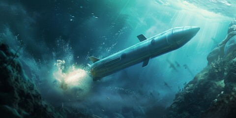 Fototapeta premium Underwater launch of a satellite mimicking a torpedo 🌊🚀. Sleek, covert, and futuristic with realistic underwater effects and dynamic motion.