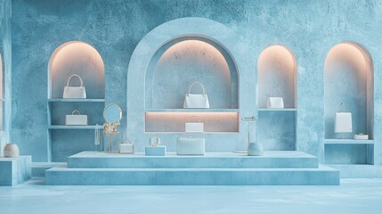 Fototapeta premium Minimalist Blue Interior with White Handbags on Shelves