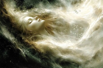 Obraz premium A surreal and ethereal portrait of a woman floating in a sea of clouds symbolizing the dreamlike state of thought and the fluidity of imagination