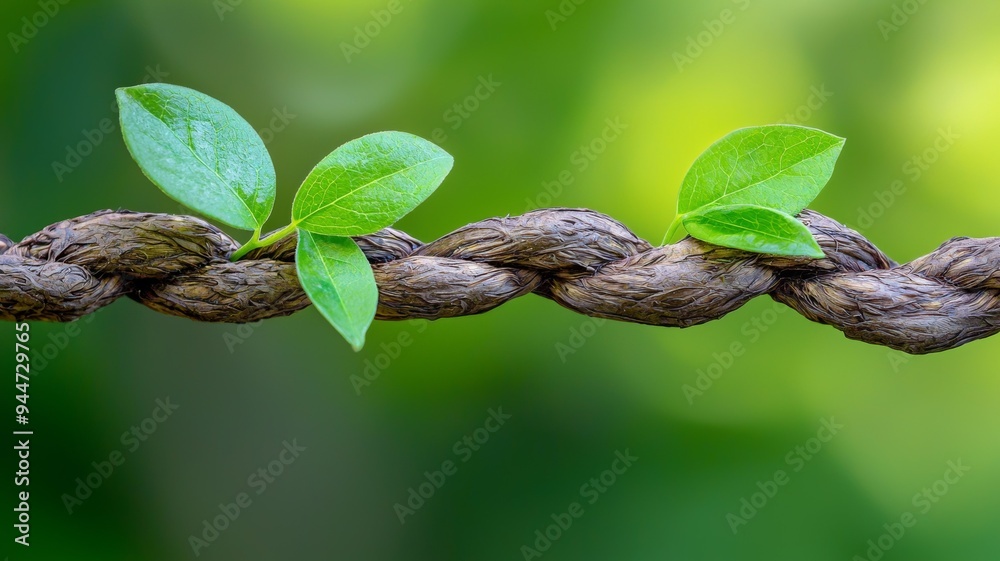 Poster A green leafy plant is growing on a rope