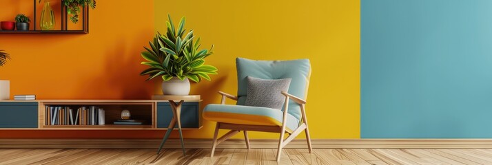 Modern interior with an armchair and customizable mockup area, featuring a table, bookshelf, vibrant wall, and potted plant.