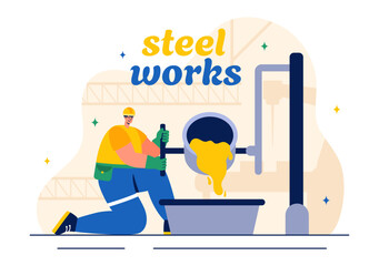 Steelworks Vector Illustration with Resource Mining, Smelting of Metal in Big Foundry and Hot Steel Pouring in a Flat Cartoon Background Design