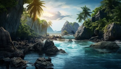Thai Coastal Elegance A Heavenly Scene of Rocks and Palm Trees