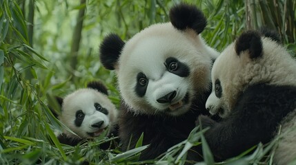 Obraz premium Cute Panda Bears in Bamboo Forest