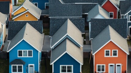 Colorful rooftops of houses in a suburban neighborhood at sunrise
