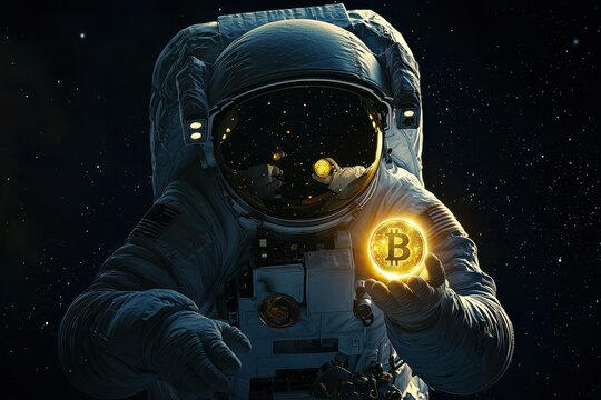An astronaut holding a glowing bitcoin in the dark galaxy space, futuristic and technology mood