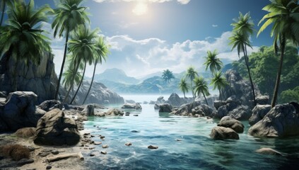 Tropical Bliss A Terragen Poster of Lively Palm-Fringed Waters