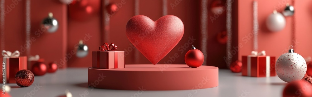 Poster 3d rendering of a heart on a podium surrounded by decorative gift boxes and ornaments