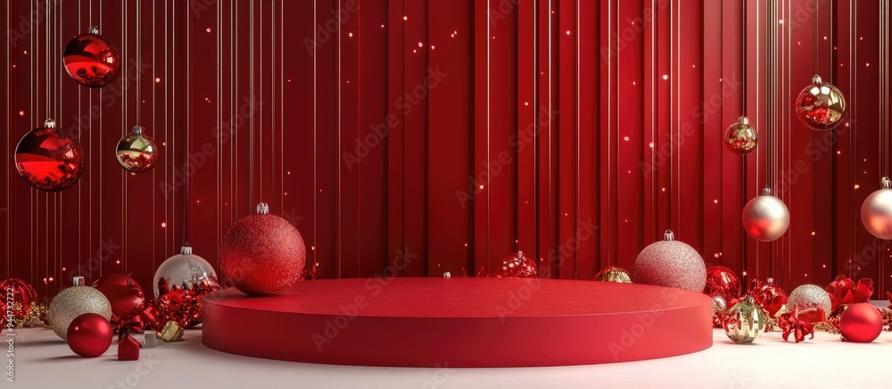 Poster 3d render of a podium background with red tones suitable for showcasing products during the festive 