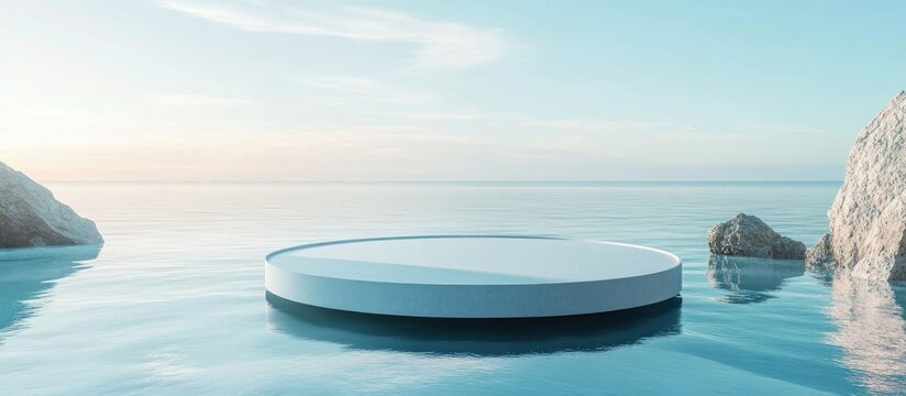 3D render of a circular platform situated on water and sand featuring glass wall panels Minimalistic landscape mockup designed for product showcase banners in shades of blue Contemporary promotiona