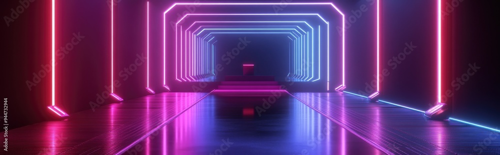 Aufkleber 3D rendering of a virtual reality space featuring a neon lit square portal tunnel and corridor with an ultraviolet abstract backdrop complemented by a laser display a fashion catwalk podium and re