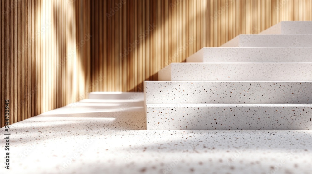 Poster 3d rendered background featuring white terrazzo steps adjacent to a wooden surface
