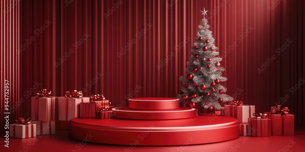 Aufkleber 3D red podium with a festive backdrop featuring a Christmas tree designed for a New Year theme showcasing a product display stand for cosmetics illustrated in a Vray render style