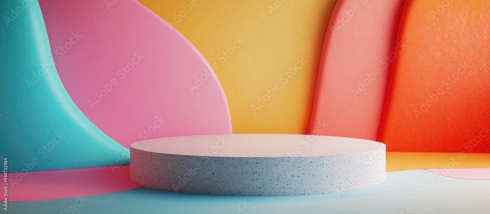 Poster 3D rendering of a minimalistic scene featuring a podium and an abstract background with geometric shapes and vibrant colors