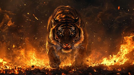 A fierce tiger charges through flames, showcasing its power and intensity in a dramatic display of nature's raw beauty.