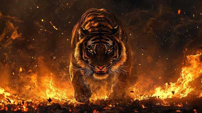 A fierce tiger charges through flames, showcasing its power and intensity in a dramatic display of nature's raw beauty.