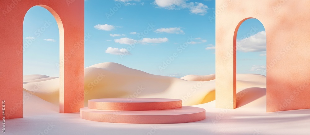 Poster 3d render of an abstract surreal pastel landscape featuring arches and a podium for product display 