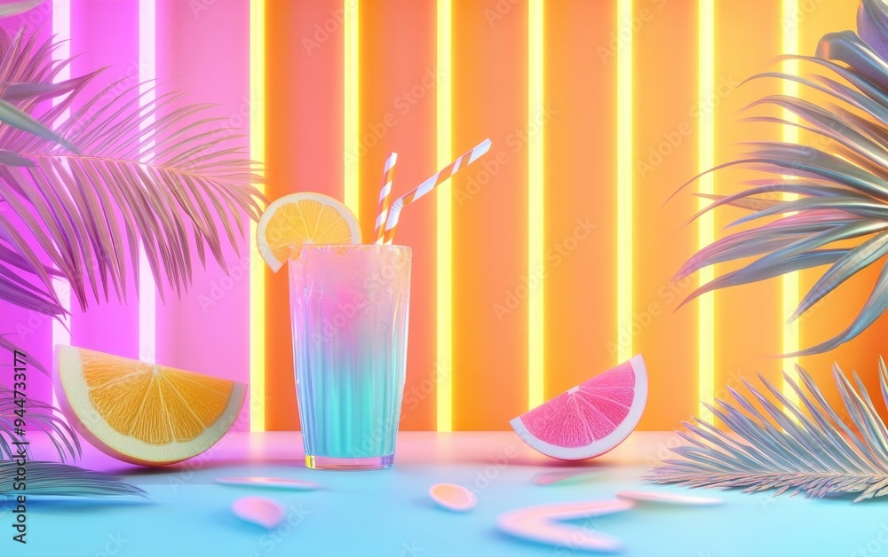 Poster 3D rendering of a vibrant summer themed background for product presentation featuring a geometric Memphis design