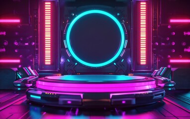 3D illustration of a futuristic cyberpunk technology display featuring a gaming sci fi stage pedestal background and a vibrant psychedelic fluorescent podium design