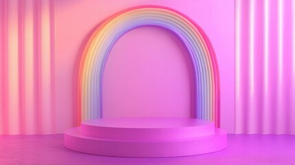 3D rendering of a pink and purple podium with an arch against a pink wall showcasing a product presentation for an LGBTQ theme